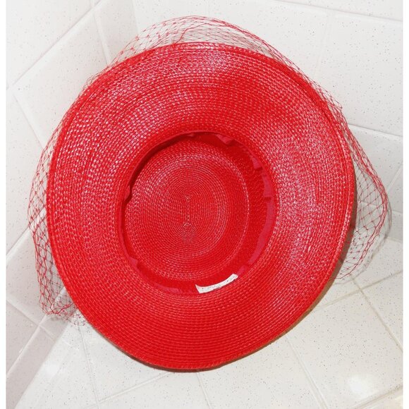 Vintage Lily Lee Red Church Hat w/ Veil feathers sequins bow Kentucky Derby main image 4
